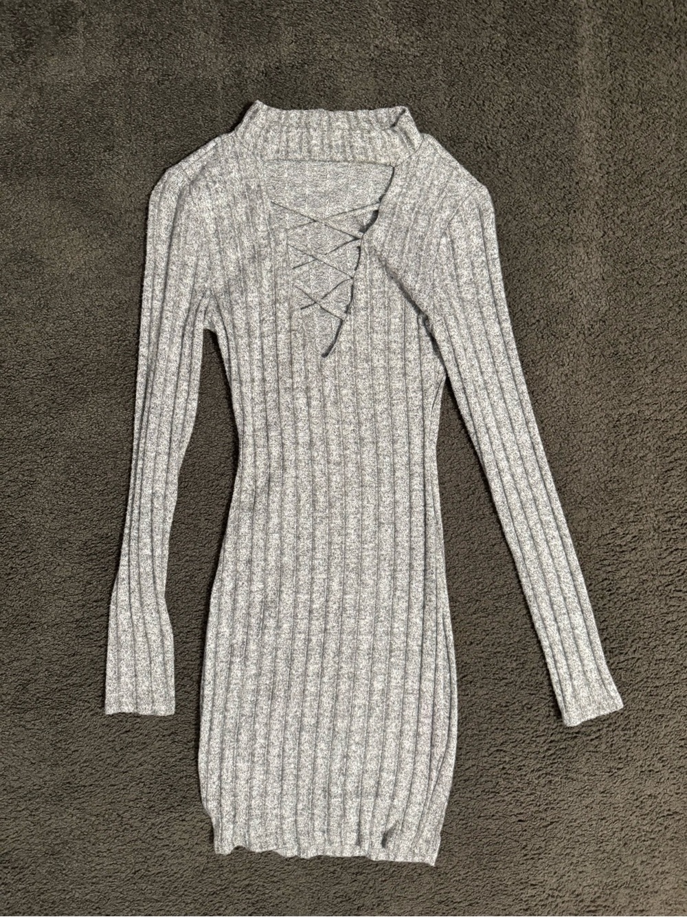 a'gaci Heather Gray Ribbed Lace-Up Long Sleeve Sweater Dress